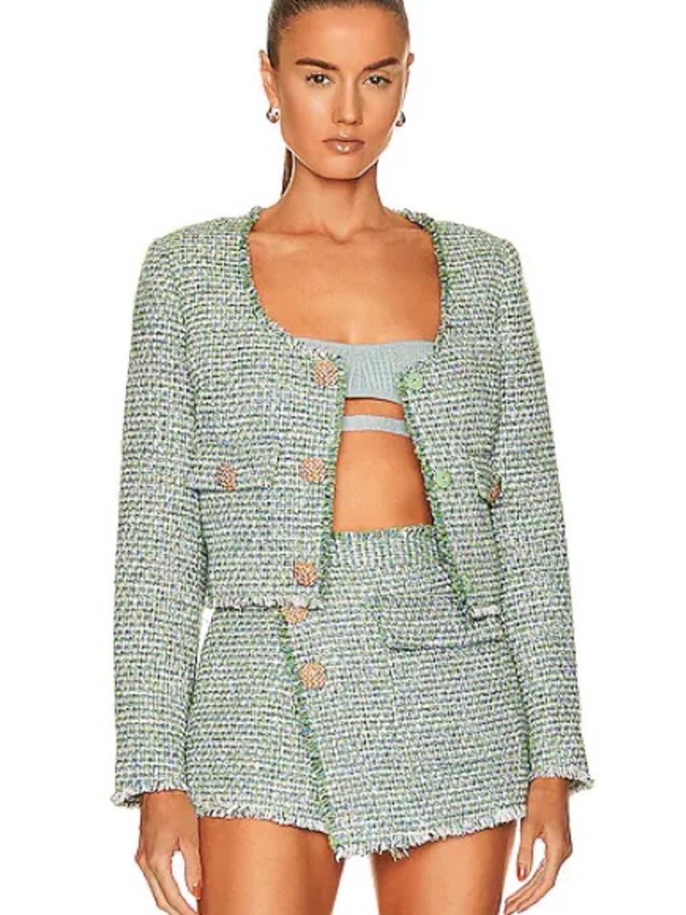Self-Portrait Green Bouclé Tweed Jacket & Mini Skort Set